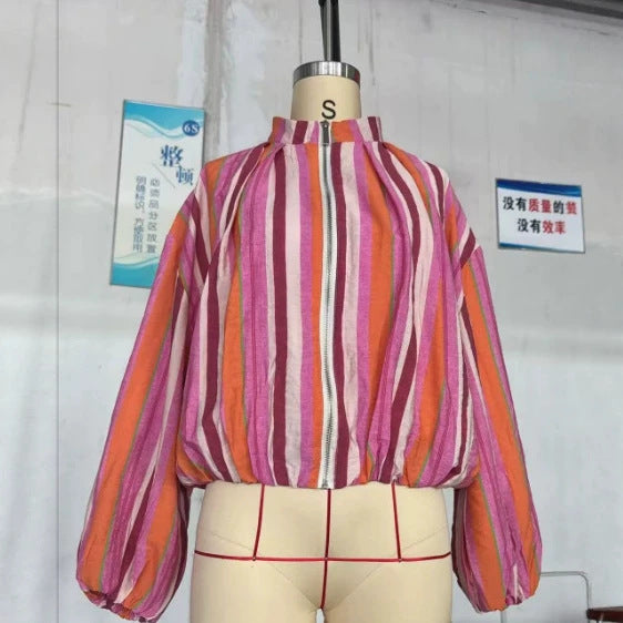 Damen Gestreifte Cropped Blousonjacke mit Stehkragen, Reißverschluss und Ballonärmeln Drune