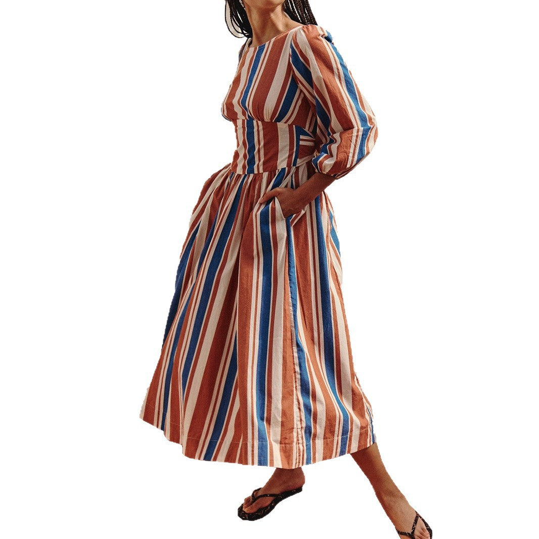 Damen Gestreiftes Midikleid mit taillierter Korsage, 3/4‑Ärmeln und Eingrifftaschen Drune