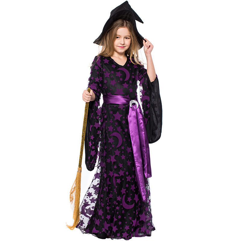 Mädchen Zauberer-Kostüm mit schimmerndem Umhang und detailreichem Hut Drune
