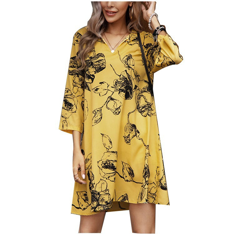 Damen Elegantes Tunika-Kleid mit floralem Druck und 3/4-Ärmeln Drune