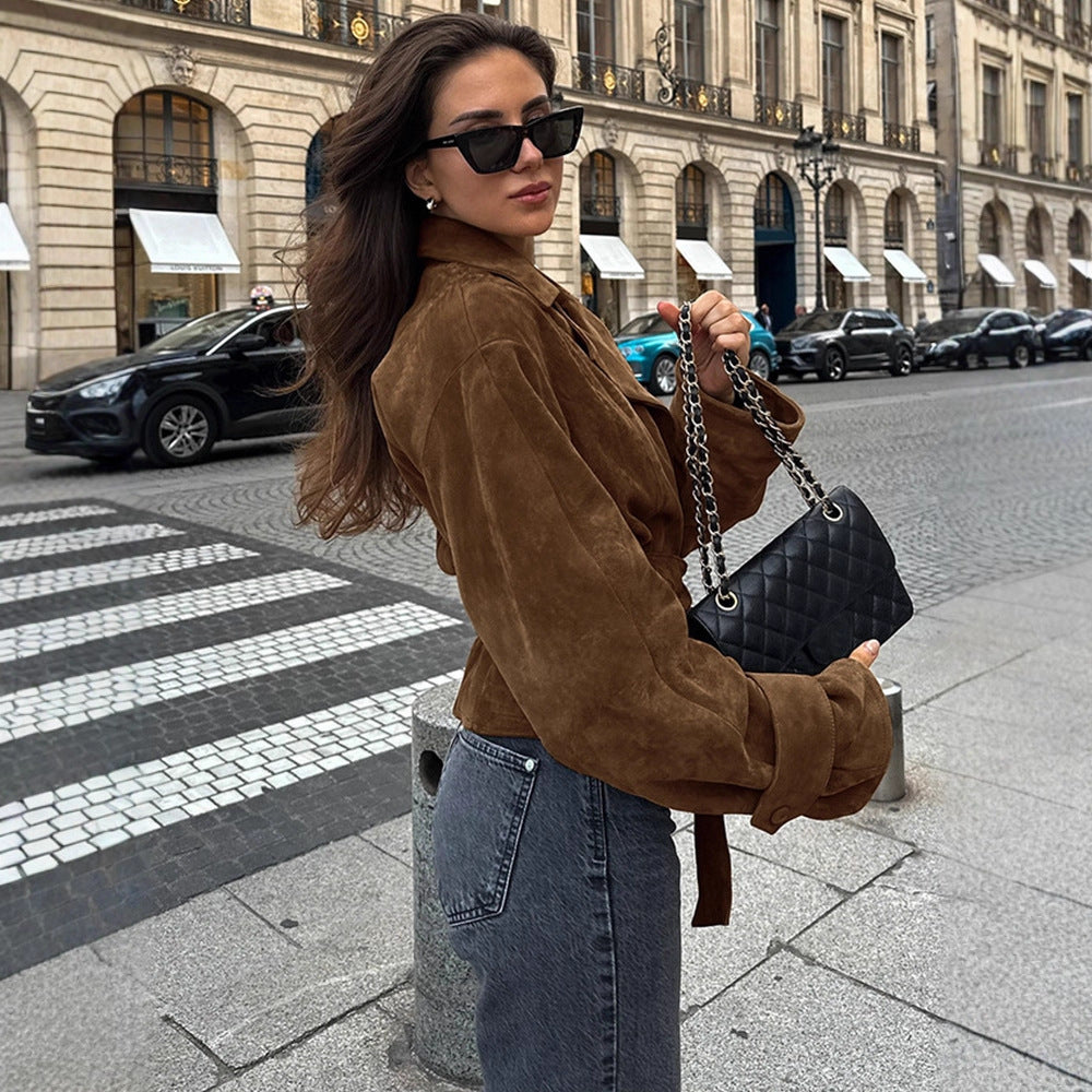 Damen Kurzblouson aus Wildleder‑Look mit Bindegürtel und kastiger Silhouette Drune