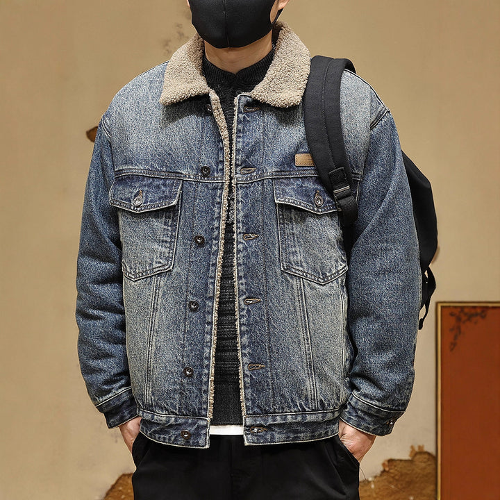 Herren Gemütliche Denimjacke mit Kunstfellkragen Drune