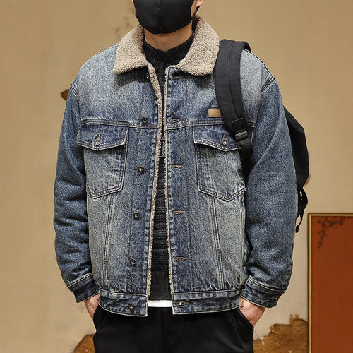 Herren Gemütliche Denimjacke mit Kunstfellkragen Drune