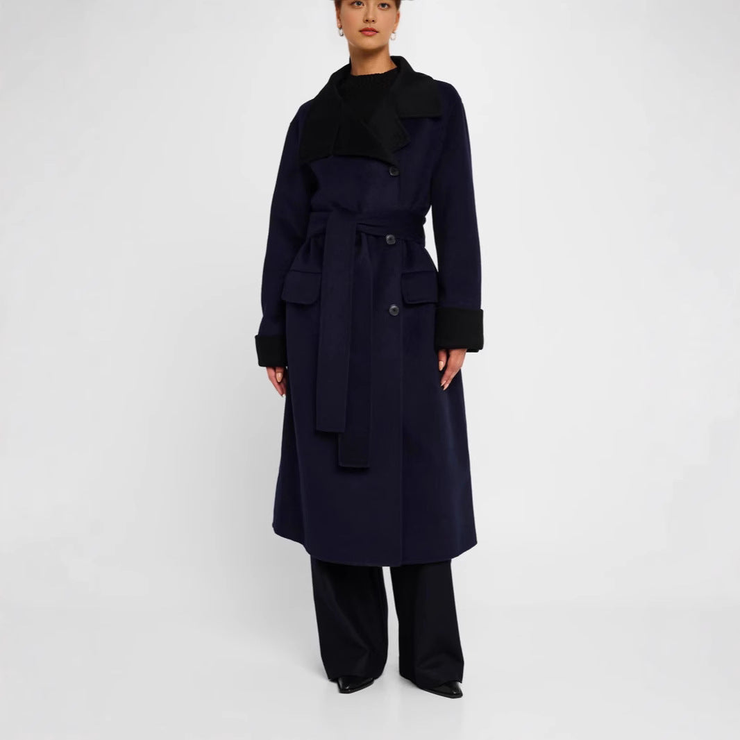 Damen Taillierter Wollmix-Mantel mit Bindegürtel, kontrastiertem Revers und Pattentaschen Drune