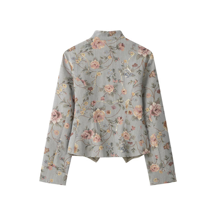 Damen Kurzjacke im Jacquard‑Blütenmuster mit Stehkragen und Zierknopfleiste Drune