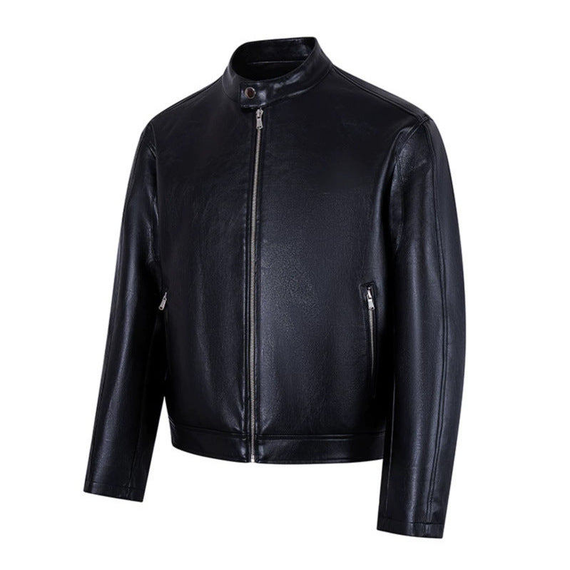 Herren schlichte Glattlederjacke mit Stehkragen und seitlichen Reißverschlusstaschen Drune