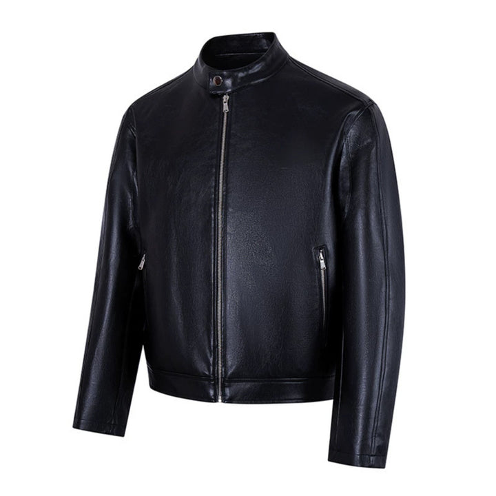 Herren schlichte Glattlederjacke mit Stehkragen und seitlichen Reißverschlusstaschen Drune
