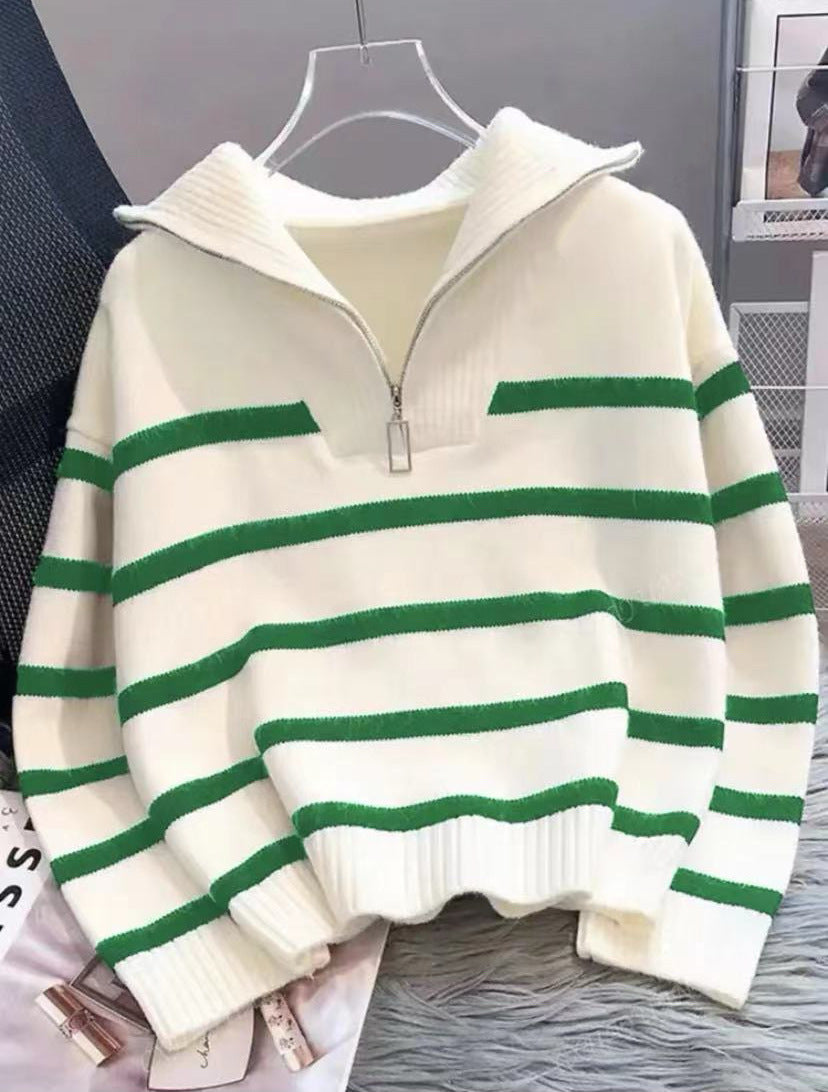 Damen Gestreifter Halb-Reißverschluss Strickpullover mit Rippenkragen Drune