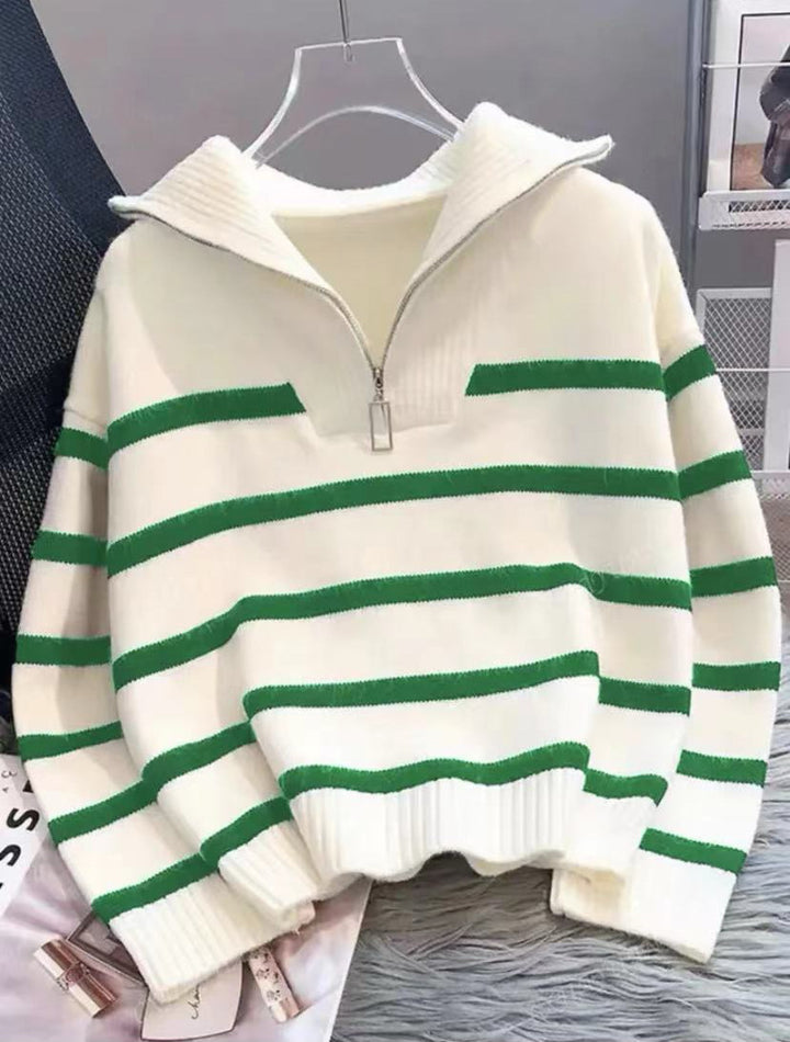 Damen Gestreifter Halb-Reißverschluss Strickpullover mit Rippenkragen Drune