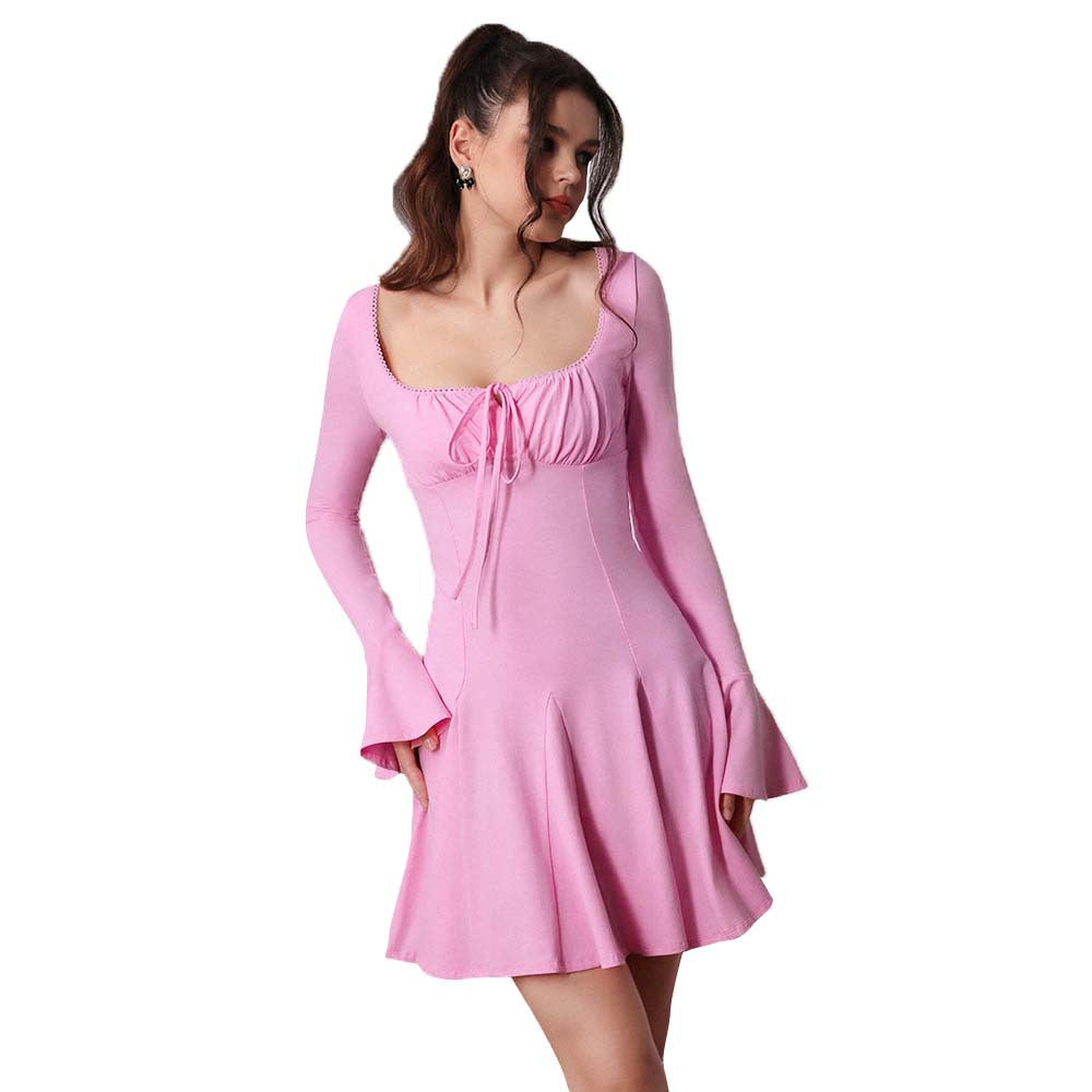 Damen gerafftes Skater-Minikleid mit Bustier-Tie, taillierter Schnitt und ausgestellten Glockenärmeln Drune