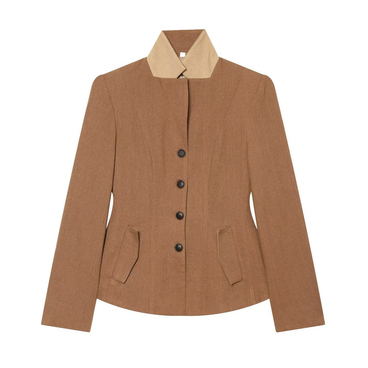 Damen Taillierter Blazer mit Stehkragen figurformenden Abnähern und Pattentaschen Drune