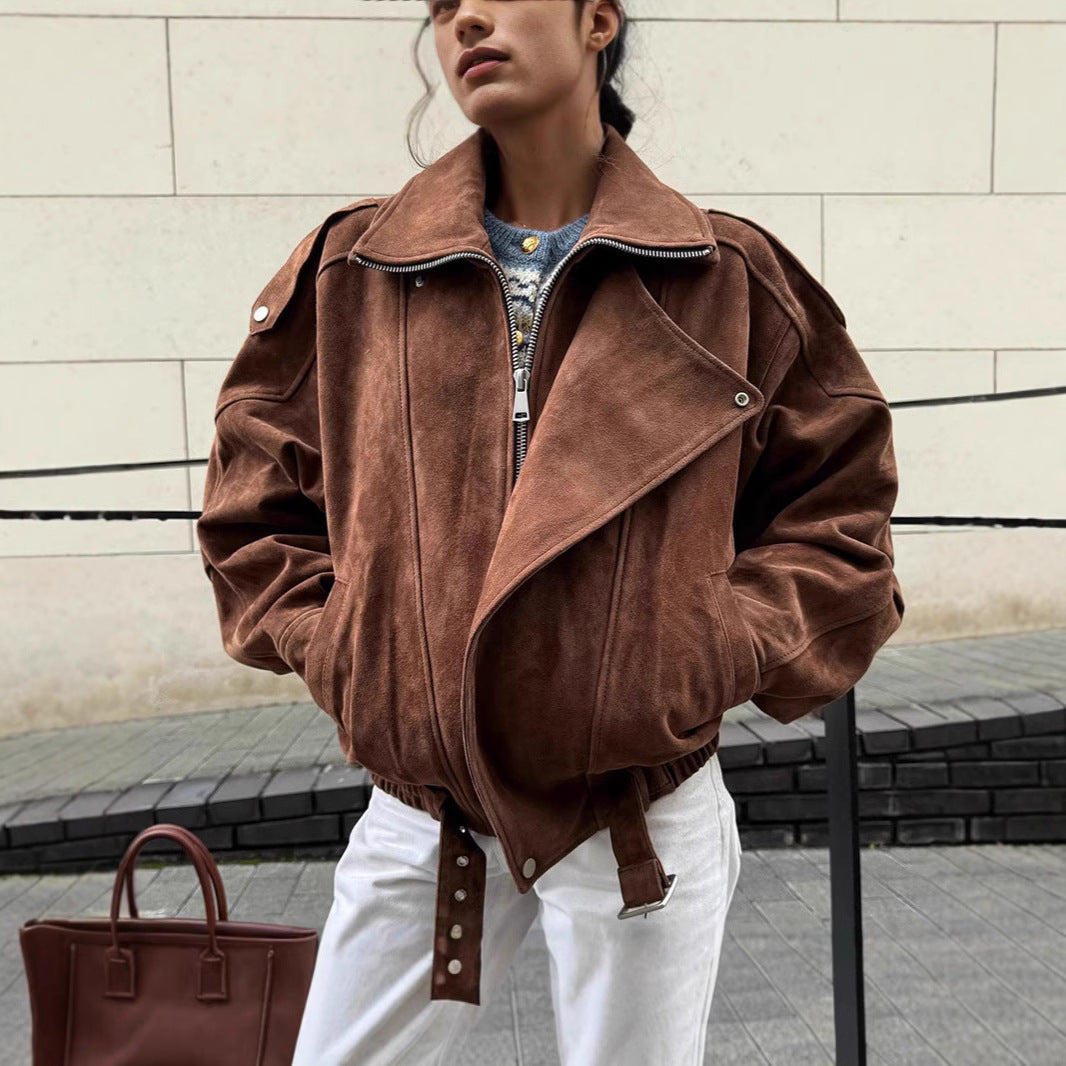 Damen modische Oversized-Lederjacke mit Gürtel Drune
