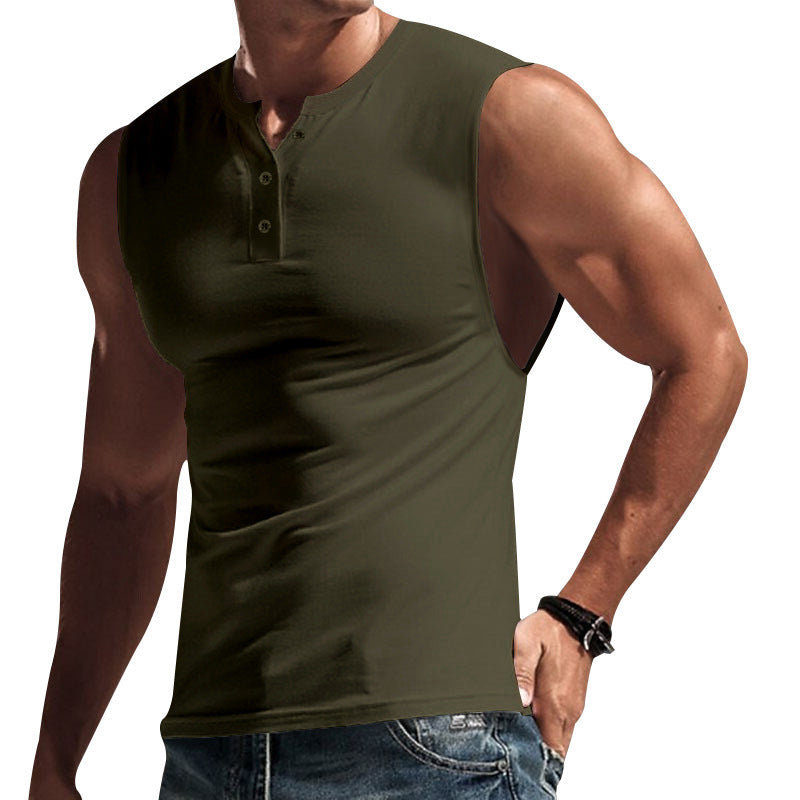 Herren nan ärmelloses Muskelshirt mit Henley-Knopfleiste, tiefem Armausschnitt und elastischem Baumwollmix Drune