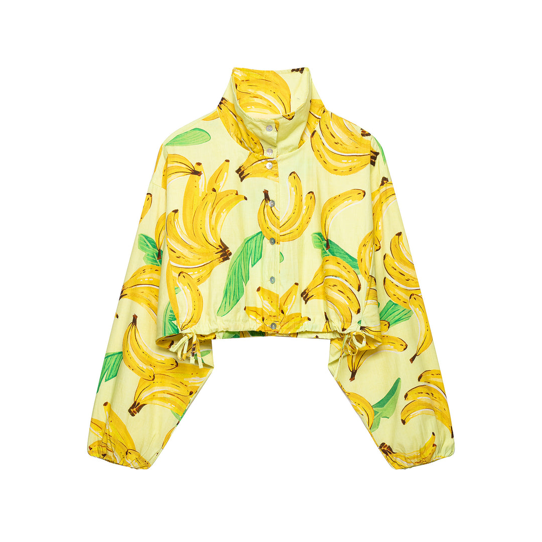 Damen Kurzbluse im Cropped-Boxy-Schnitt mit Banane‑Print, hohem Stehkragen und Tunnelzugsaum Drune
