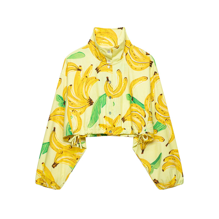 Damen Kurzbluse im Cropped-Boxy-Schnitt mit Banane‑Print, hohem Stehkragen und Tunnelzugsaum Drune