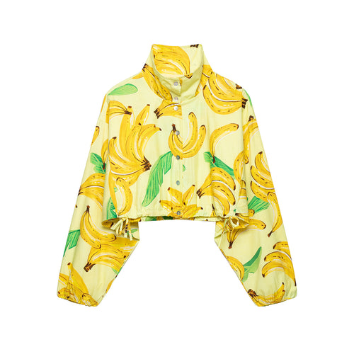 Damen Kurzbluse im Cropped-Boxy-Schnitt mit Banane‑Print, hohem Stehkragen und Tunnelzugsaum Drune