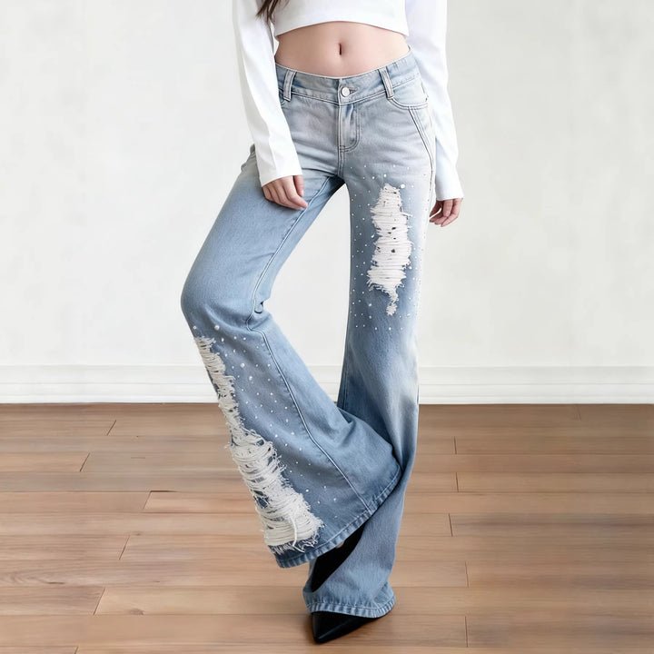 Damen Weite Schlagjeans mit hoher Taille, ausgefransten Rissen und Perlenapplikation Drune