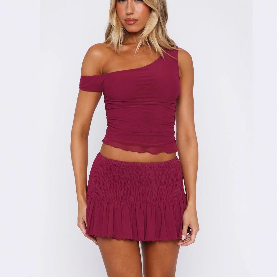 Damen Set mit off-shoulder Oberteil und gerafftem Rock Drune