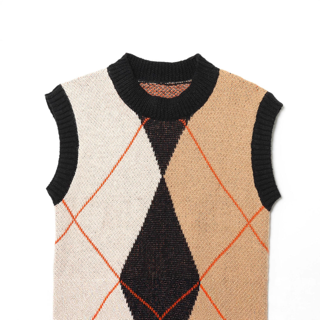 Damen nan Argyle-Strickweste ohne Ärmel mit geripptem Rundhals und kastigem Schnitt Drune