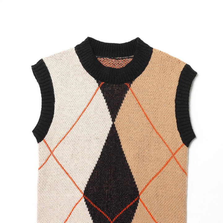 Damen nan Argyle-Strickweste ohne Ärmel mit geripptem Rundhals und kastigem Schnitt Drune