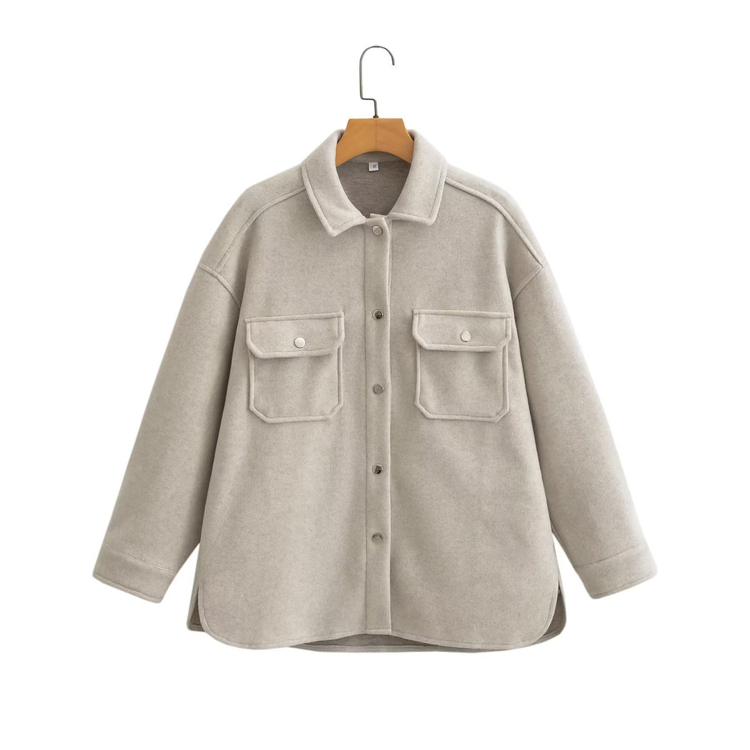 Damen Oversize Wollmix-Shacket mit Druckknopffront und aufgesetzten Pattentaschen Drune