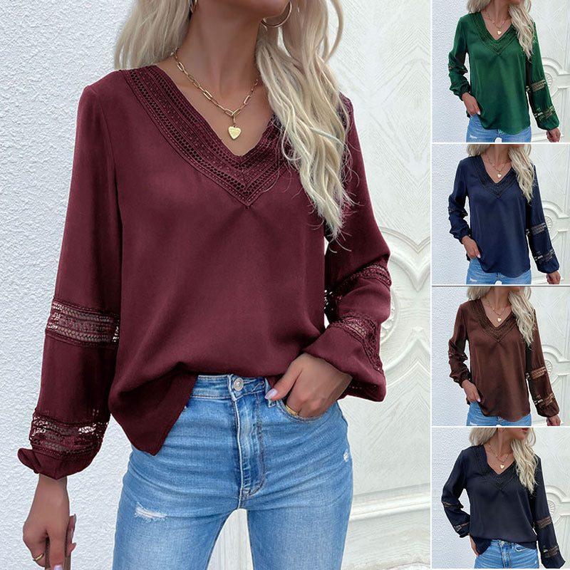 Damen Satinbluse mit V‑Ausschnitt, dekorativer Spitzenpasse und Ärmeln mit Spitzeneinsatz Drune