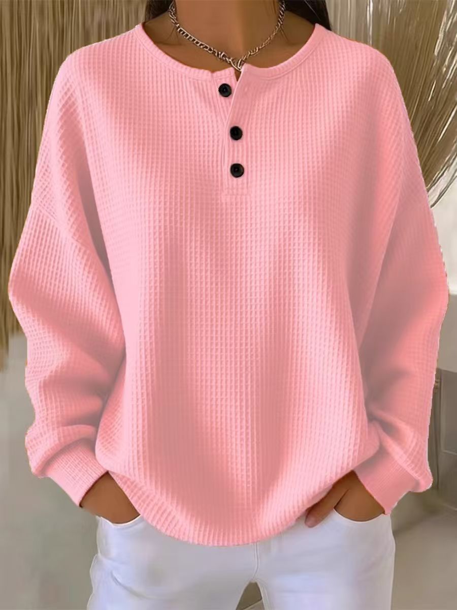 Damen nan Oversized Waffelstrick Henley-Pullover mit Knopfleiste und abgerundetem Saum Drune