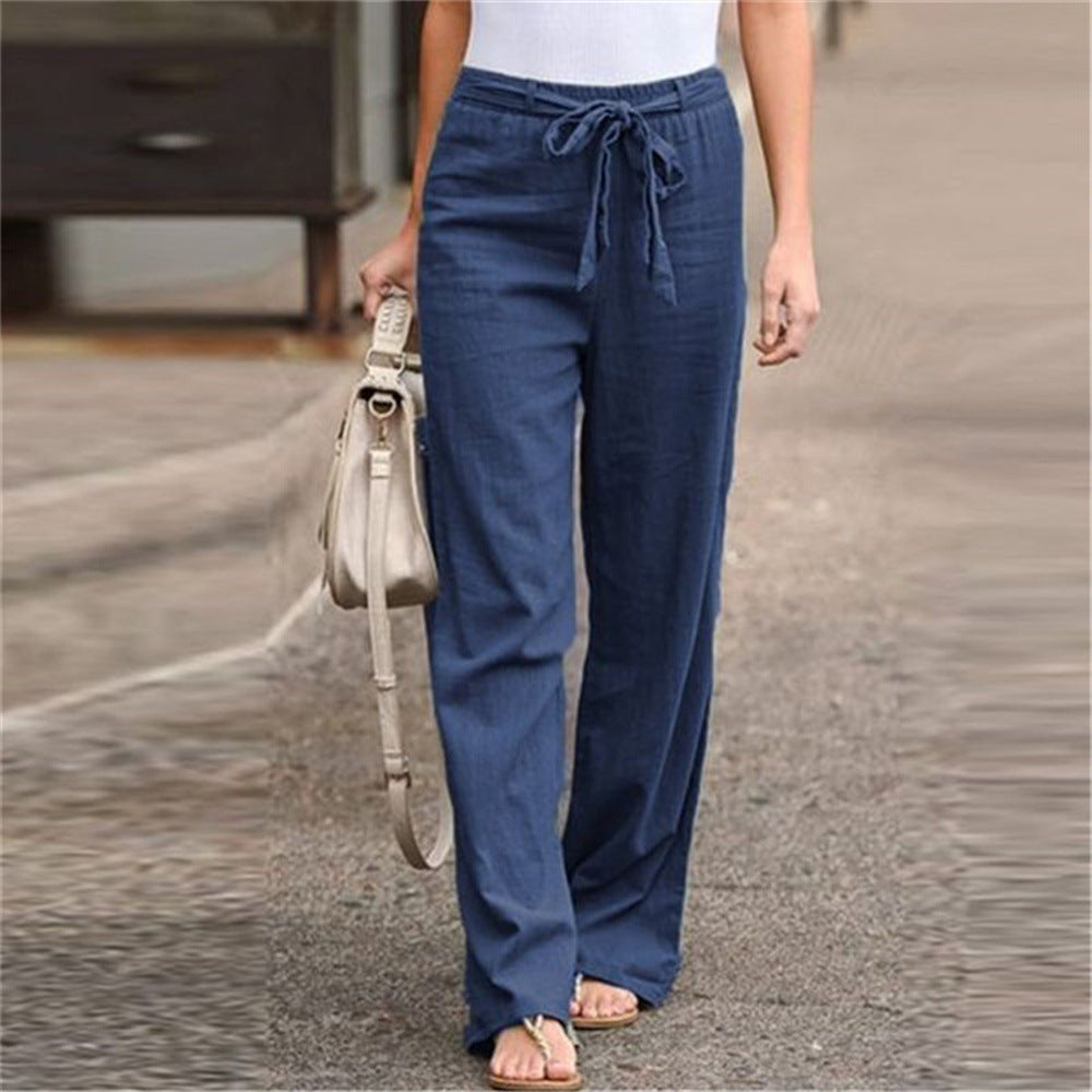 Damen nan weite Leinenhose mit Tunnelzugbund, geradem Bein und Eingrifftaschen Drune