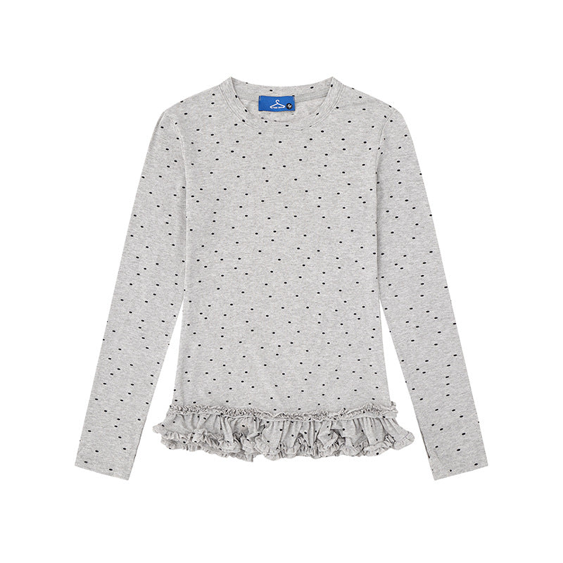 Damen Langarmshirt mit Rüschen-Saum und Pünktchen-Allover Drune