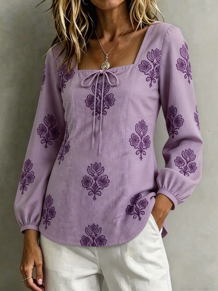 Damen Bestickte Tunika-Bluse mit quadratischem Ausschnitt und femininen Ballonärmeln Drune