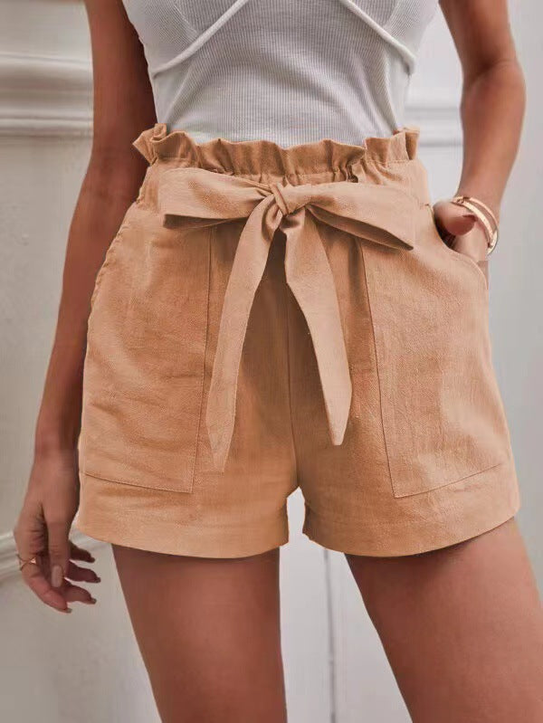 Damen elegante Shorts mit Bindegürtel und breitem Bund Drune