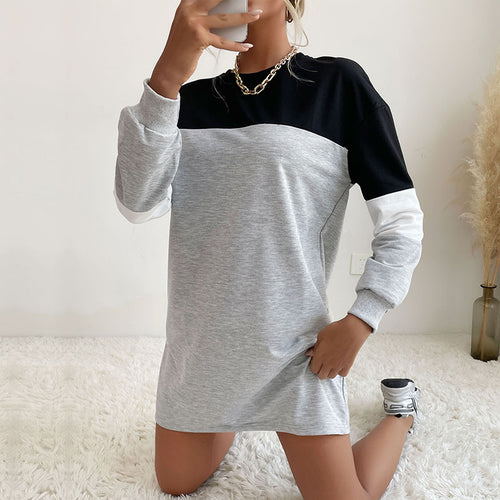 Damen Kurz geschnittenes Colorblock-Sweatshirtkleid aus Baumwollmix mit Rundhalsausschnitt Drune