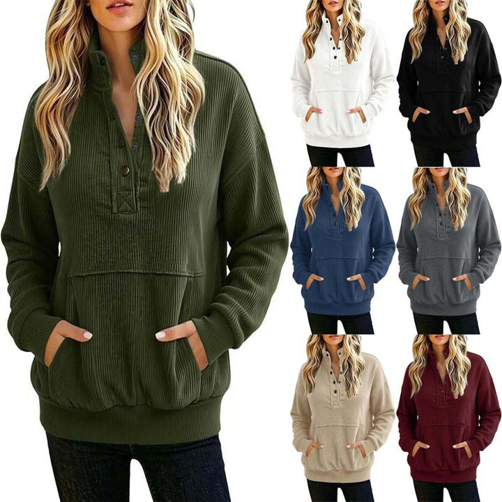Damen gerippter Henley-Pullover mit Stehkragen und Kängurutasche Drune