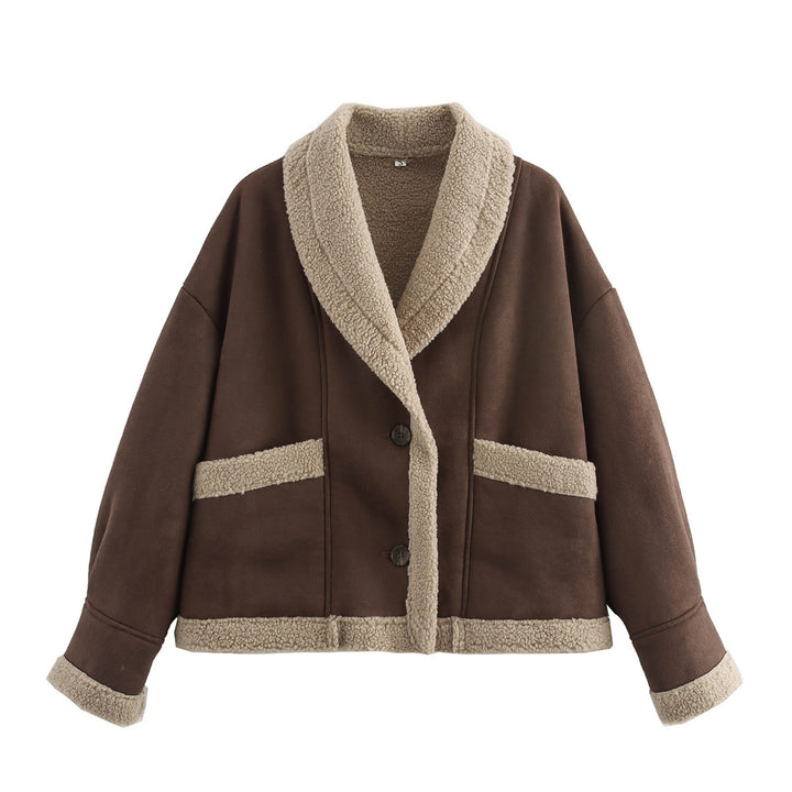 Damen kuschelige Blazerjacke im Teddy-Look mit praktischem Taschen Drune