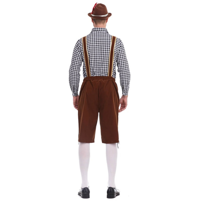 Herren nan Filzoptik-Lederhose knielang mit barocker Stickerei, verstellbaren Trägern und Dekornieten Drune