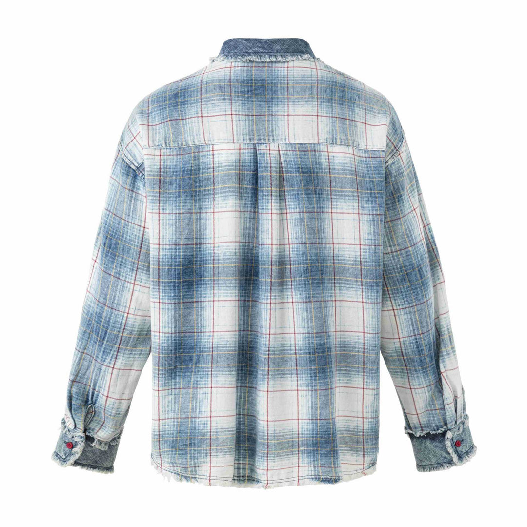 Damen Oversize kariertes Hemdjacke mit Denim-Applikationen und ausgefransten Kanten Drune