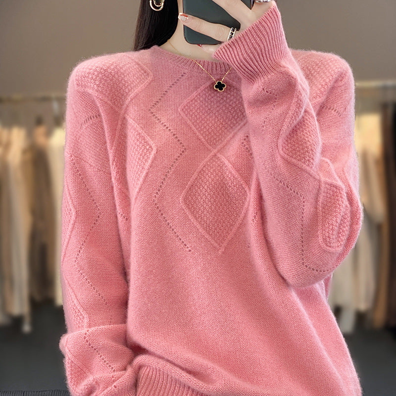 Damen Weicher Rautenmuster-Pullover im Mohair‑Look mit feiner Ajourstruktur und Rundhalsausschnitt Drune