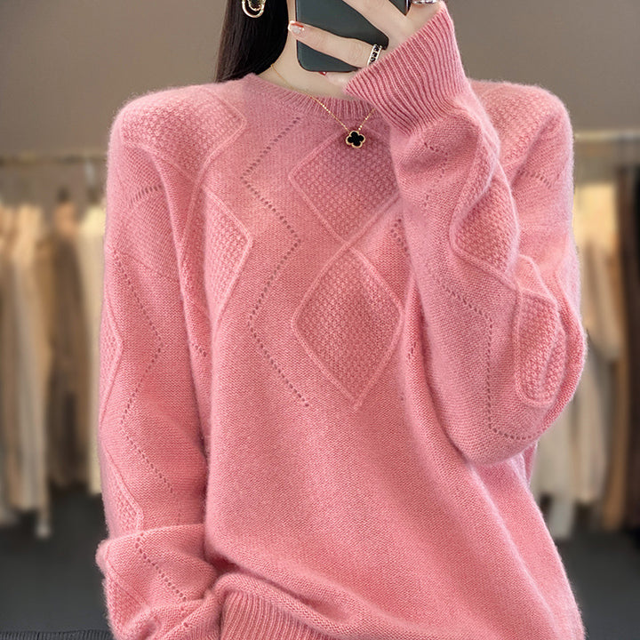 Damen Weicher Rautenmuster-Pullover im Mohair‑Look mit feiner Ajourstruktur und Rundhalsausschnitt Drune