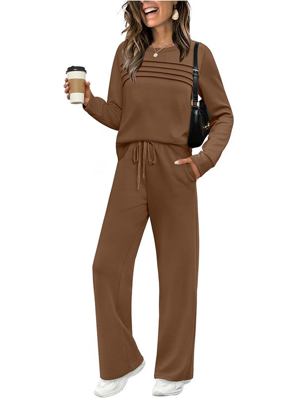 Damen Zweiteiliges Lounge-Set mit Plissee-Detail, Rundhals-Sweatshirt und weitem Kordel-Hose Drune