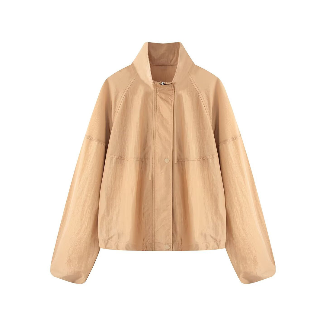 Damen Leichte Oversize-Blousonjacke aus Nylon mit Stehkragen, Kordelzug und Druckknopfverschluss Drune