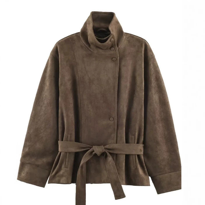 Damen Veloursleder-Optikjacke mit hohem Stehkragen und Taillengürtel Drune