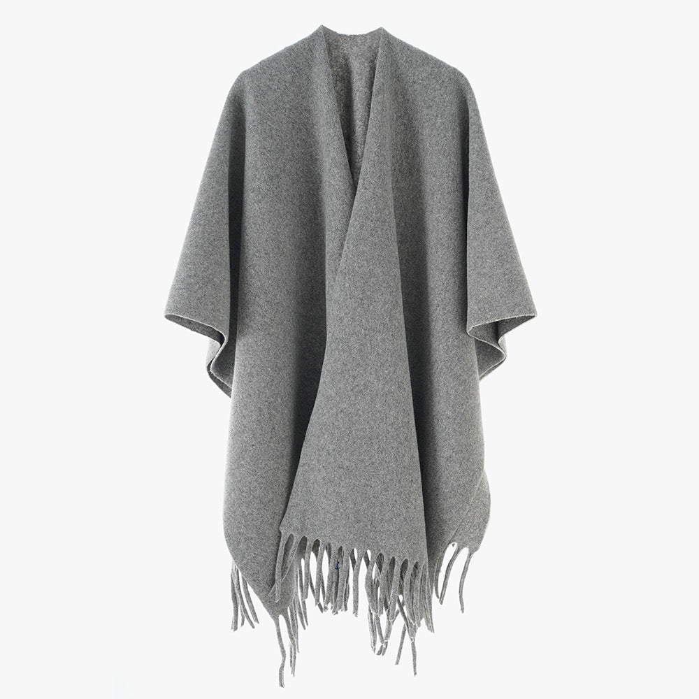 Damen Kaschmir‑Optik Capeponcho mit Fransen und offenem Oversize‑Schnitt Drune