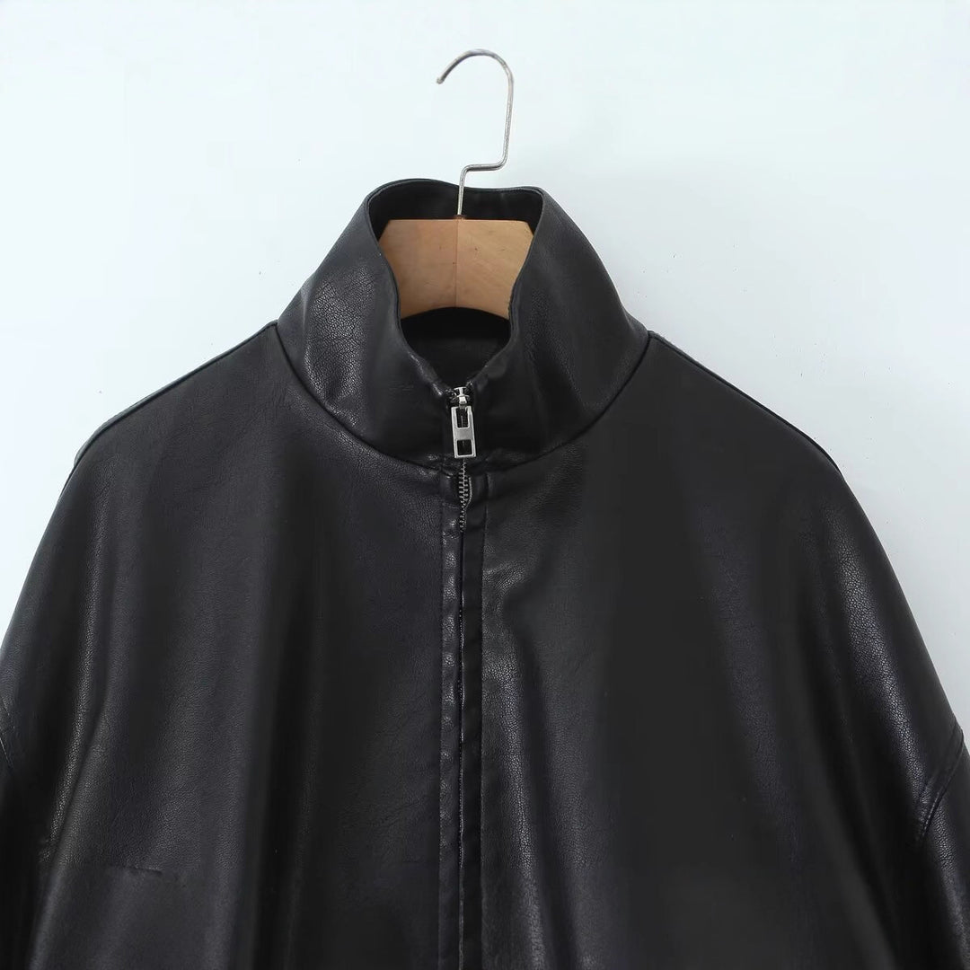 Damen Kunstlederjacke mit hohem Kragen und einzigartigem Design Drune