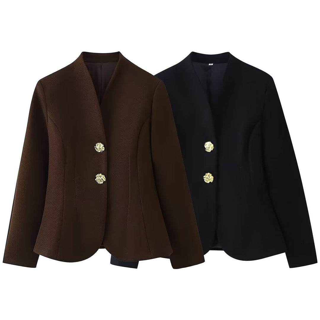 Damen Taillierter Blazer ohne Revers mit goldenen Zierknöpfen Drune