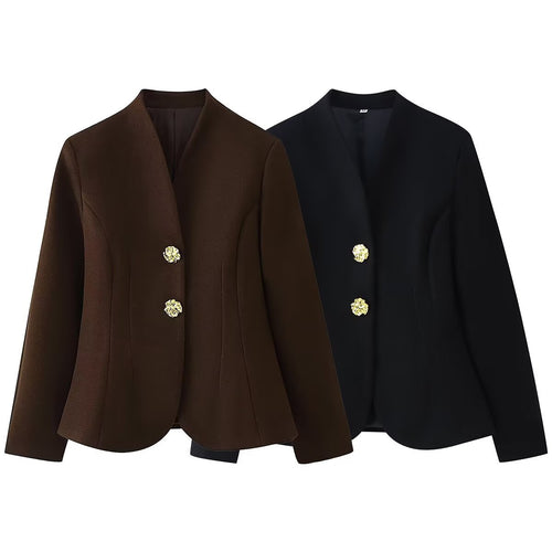 Damen Taillierter Blazer ohne Revers mit goldenen Zierknöpfen Drune