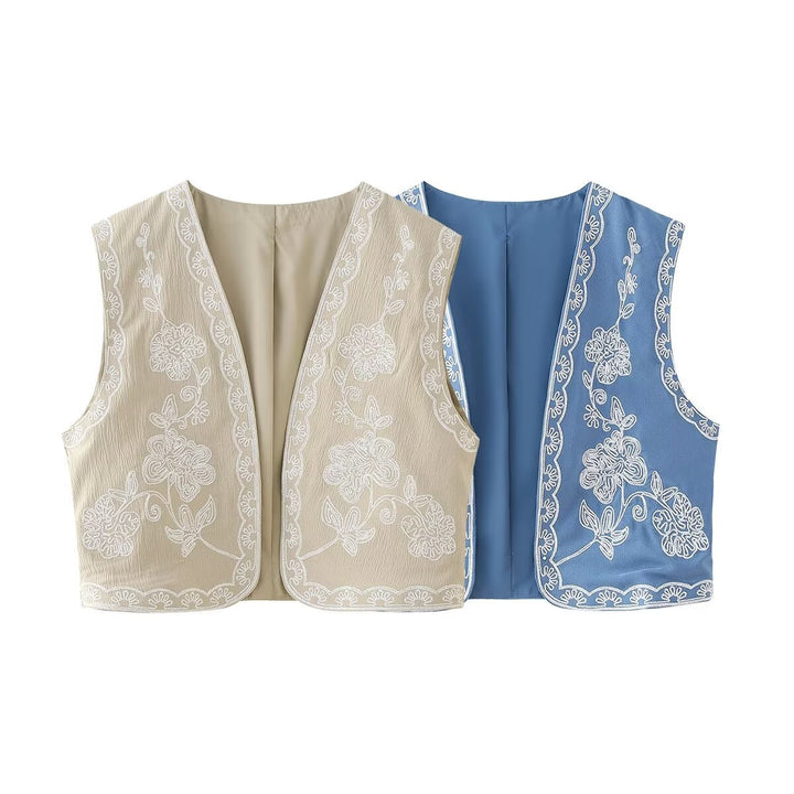 Damen nan bestickte Kurz-Weste mit floraler Stickerei, offener Front und feiner Saumverzierung Drune