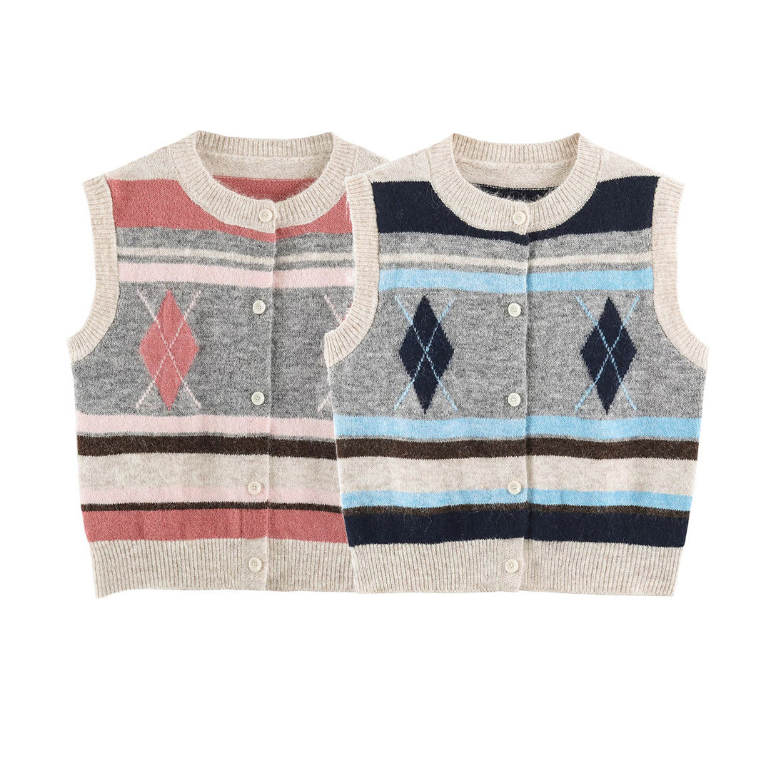 Damen Ärmellose Argyle-Strickweste mit durchgehender Knopfleiste und geripptem Saum Drune