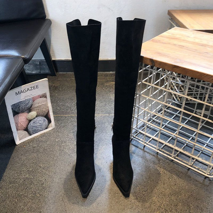 Damen Overknee-Stiefel aus Veloursoptik mit spitzer Zehenform und schmalem Absatz Drune