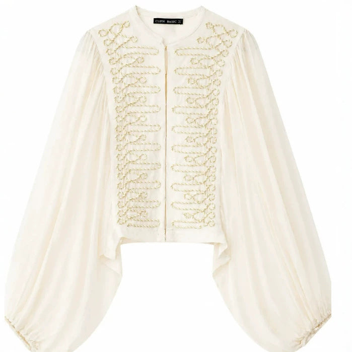 Damen Kurzbluse im Folklore‑Militärstil mit voluminösen Bischofärmeln Drune
