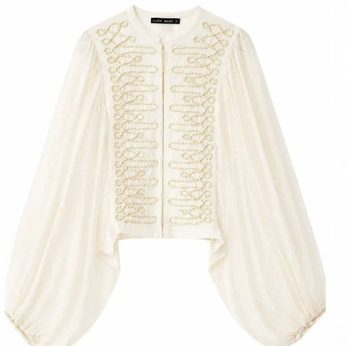 Damen Kurzbluse im Folklore‑Militärstil mit voluminösen Bischofärmeln Drune